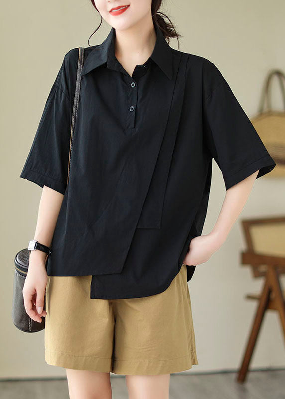 Collar Cotton Black Women Top Peter Pan Asymmetrical Design