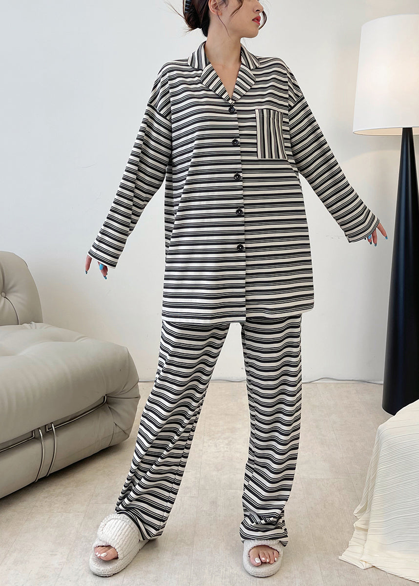 Women Black Striped Patchwork Cotton Two Piece Set Long Sleeve XS1007