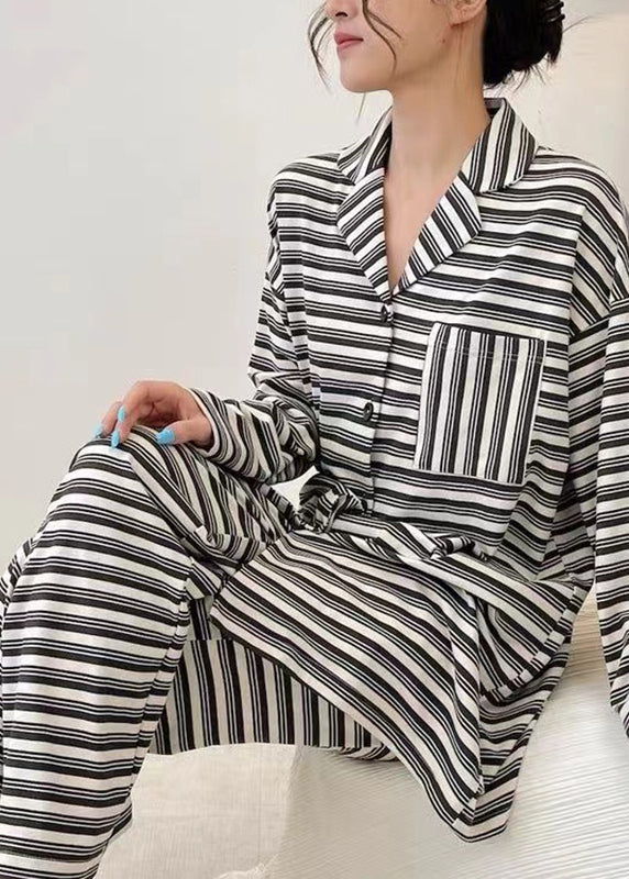 Women Black Striped Patchwork Cotton Two Piece Set Long Sleeve XS1007