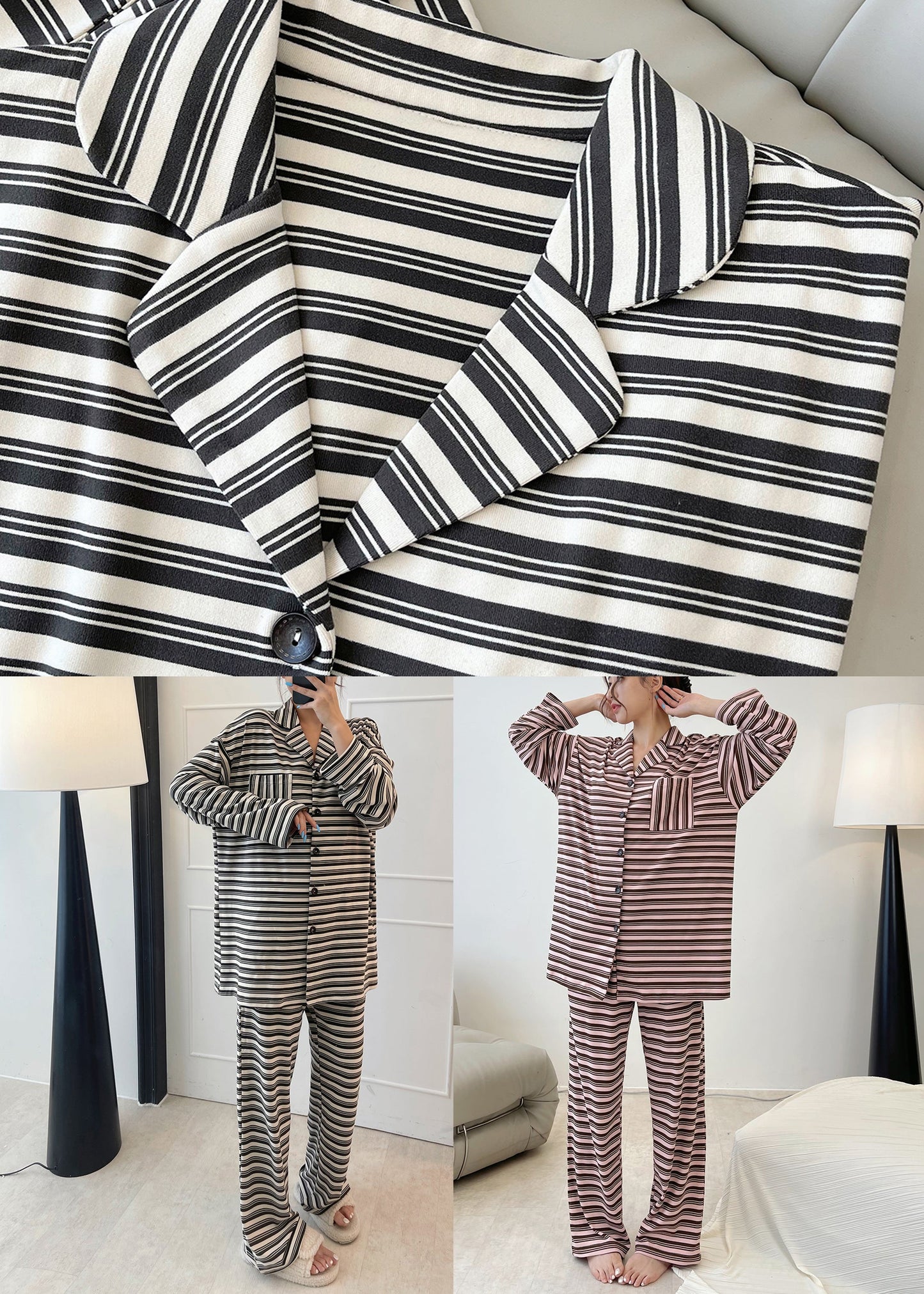 Women Black Striped Patchwork Cotton Two Piece Set Long Sleeve XS1007