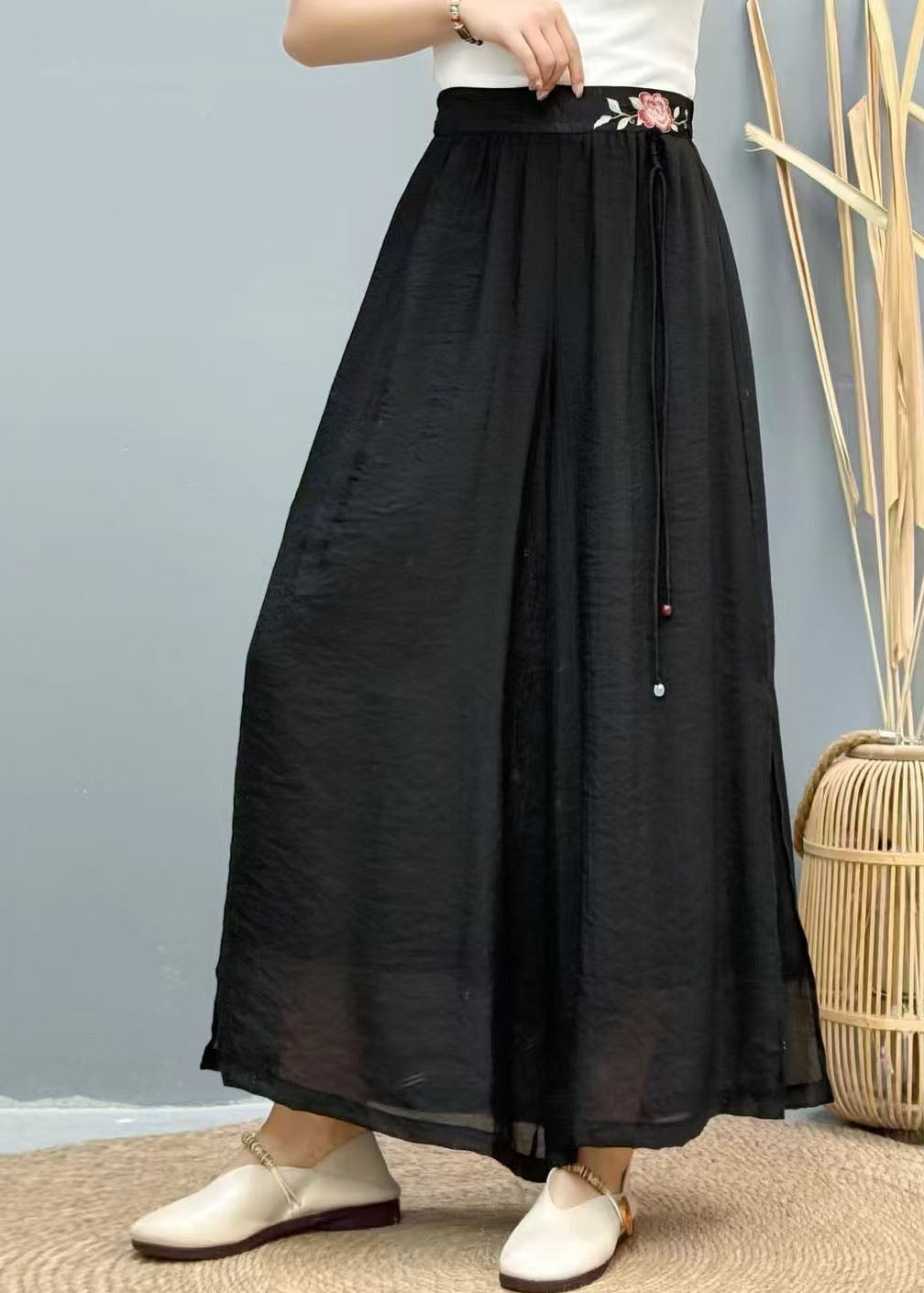 Black Women Summer Embroidered Wide Linen Leg Pants Tasseled