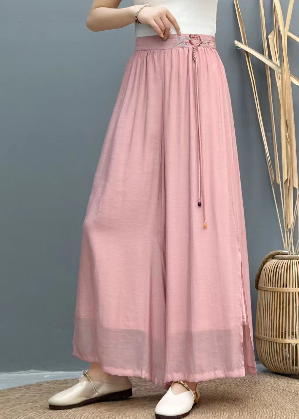 Black Women Summer Embroidered Wide Linen Leg Pants Tasseled