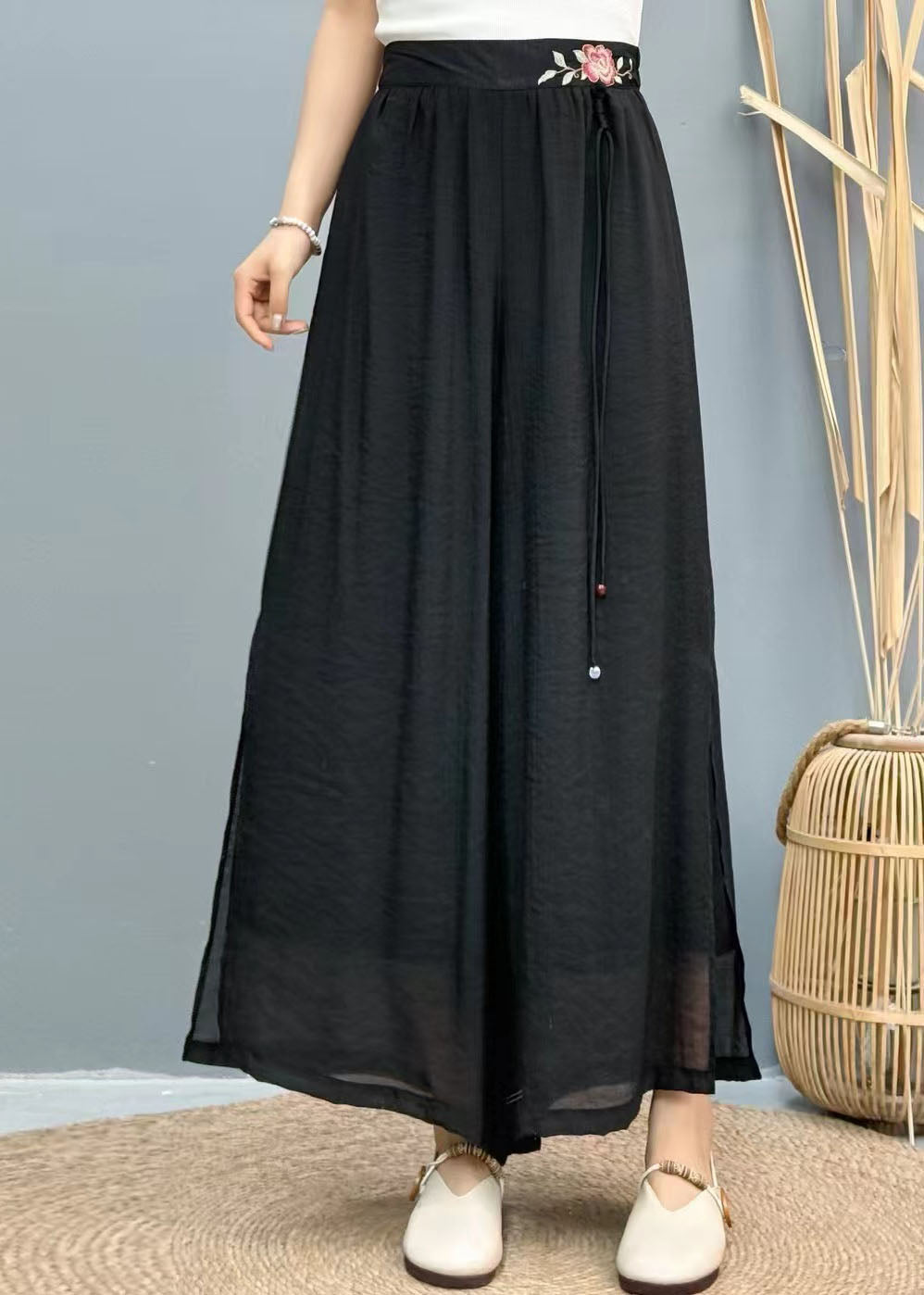 Black Women Summer Embroidered Wide Linen Leg Pants Tasseled