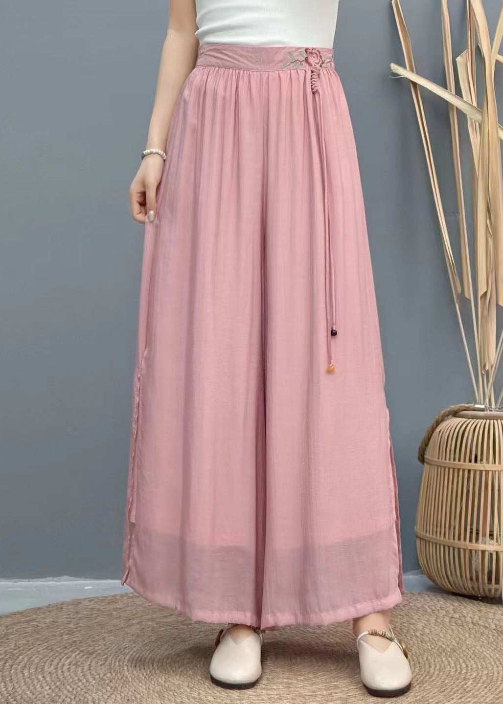 Black Women Summer Embroidered Wide Linen Leg Pants Tasseled