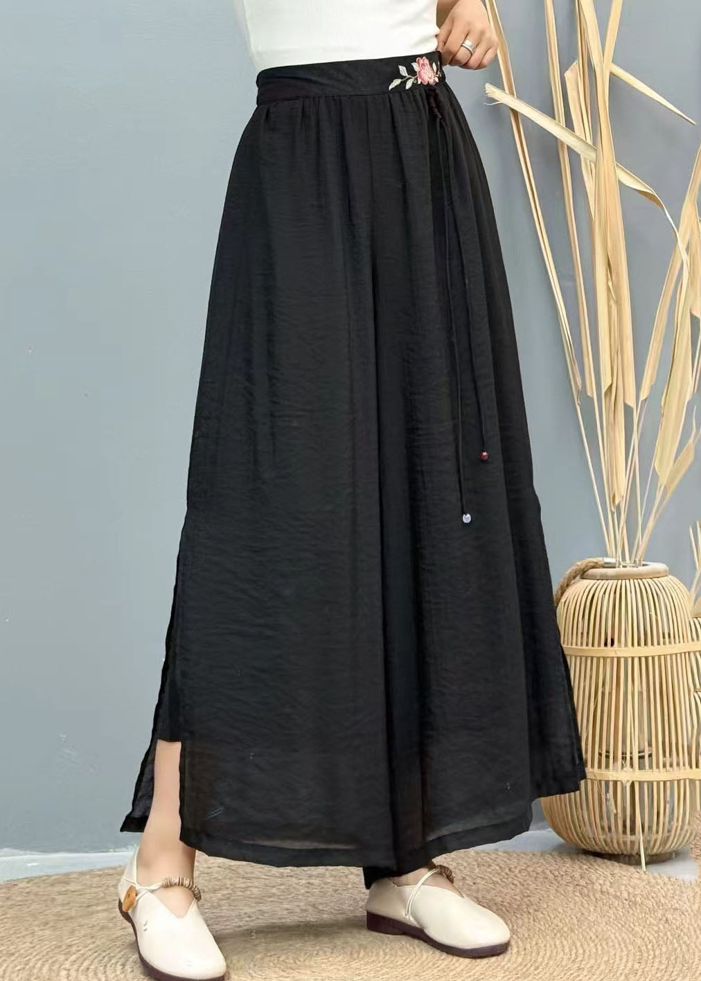 Black Women Summer Embroidered Wide Linen Leg Pants Tasseled