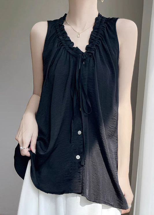 Neck Women Ruffled Blouse Button Black Cotton V Summer