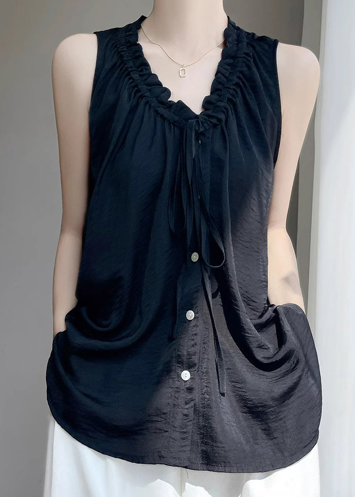 Neck Women Ruffled Blouse Button Black Cotton V Summer