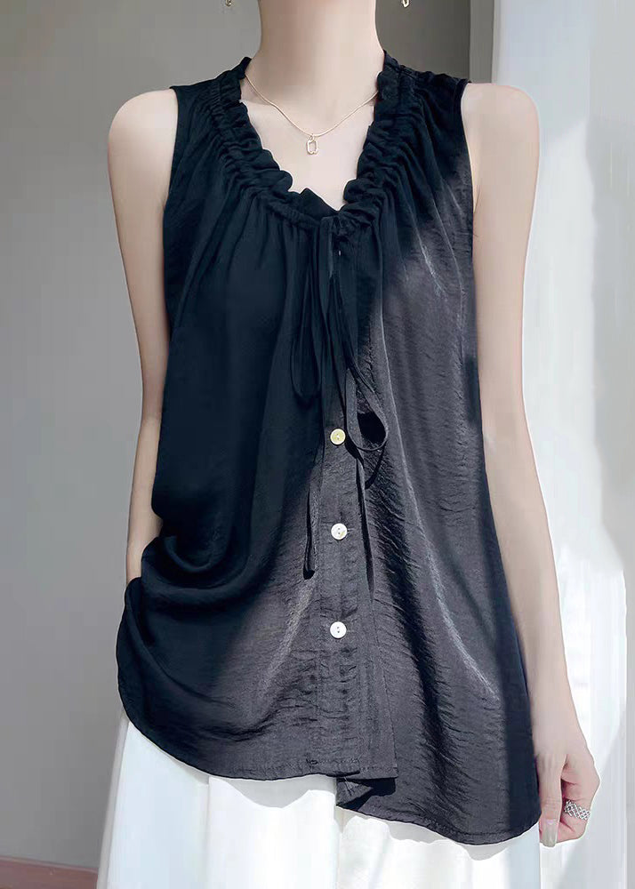 Neck Women Ruffled Blouse Button Black Cotton V Summer