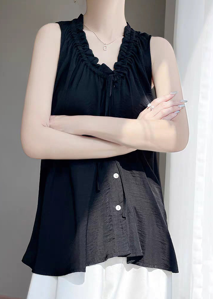 Neck Women Ruffled Blouse Button Black Cotton V Summer