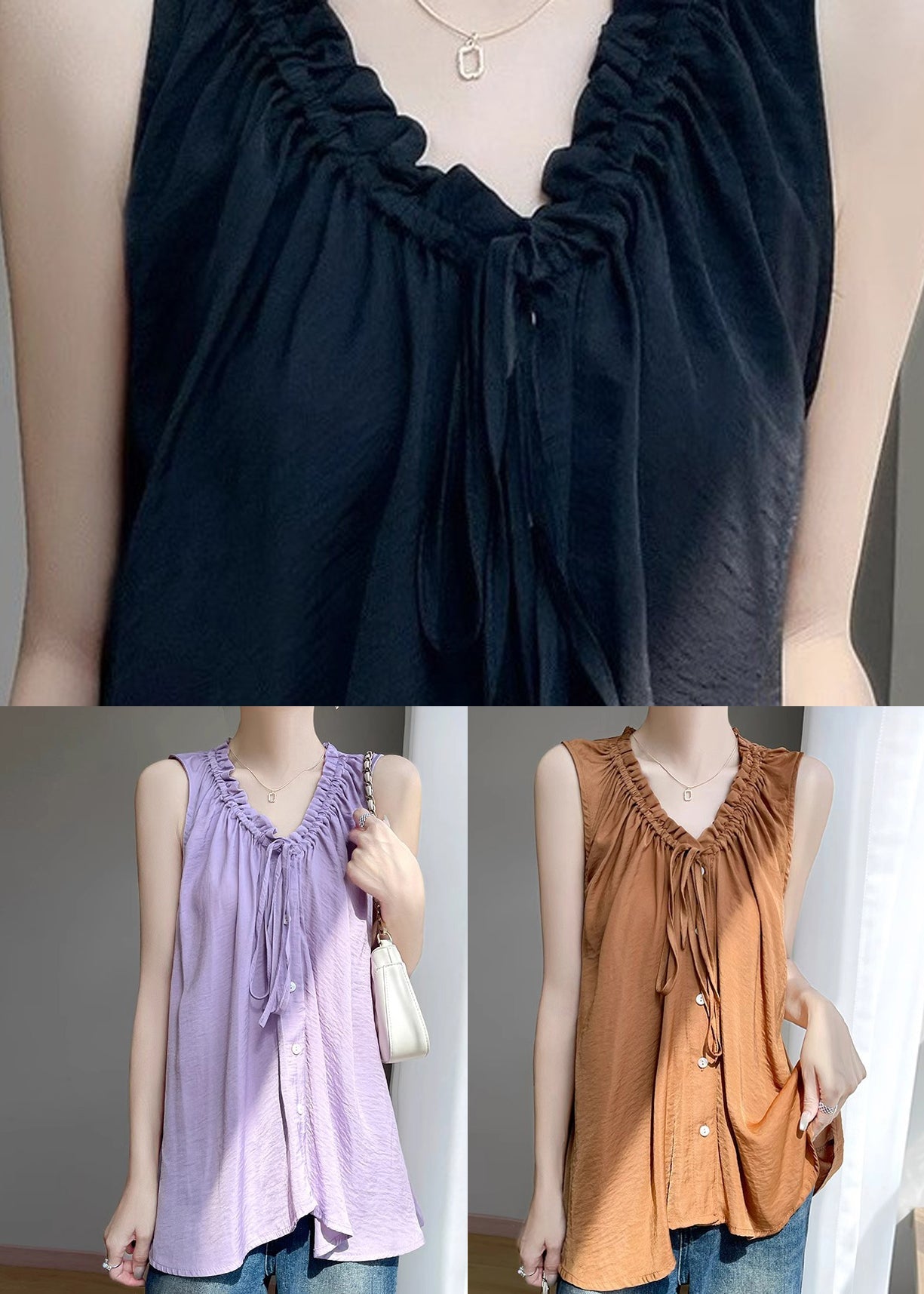 Neck Women Ruffled Blouse Button Black Cotton V Summer