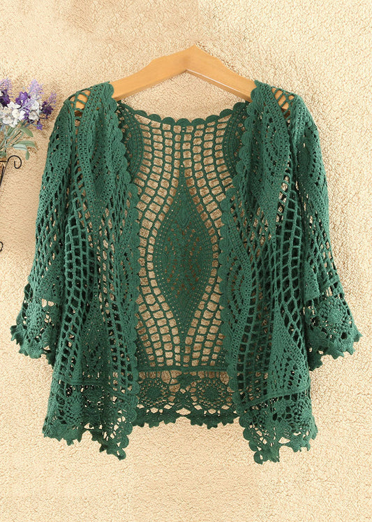 Women Blackish Green Solid Hollow Out Cotton Knit Cardigan Summer Ada Fashion