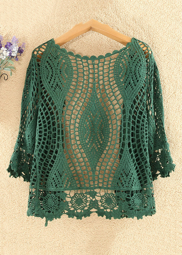 Women Blackish Green Solid Hollow Out Cotton Knit Cardigan Summer Ada Fashion