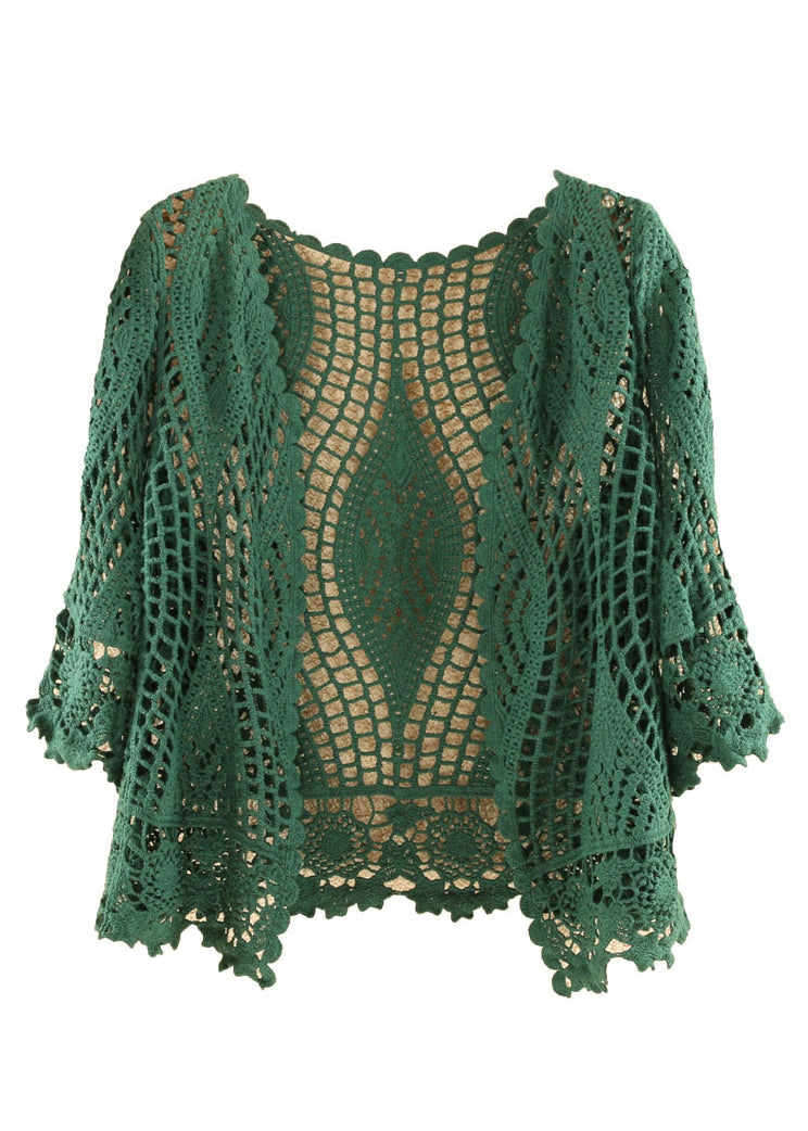 Women Blackish Green Solid Hollow Out Cotton Knit Cardigan Summer Ada Fashion