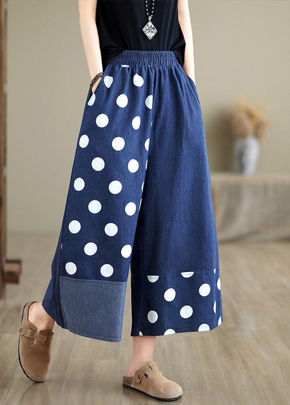 Women Blue Asymmetrical Patchwork Dot Print Pockets Wide Leg Pants Summer AP065