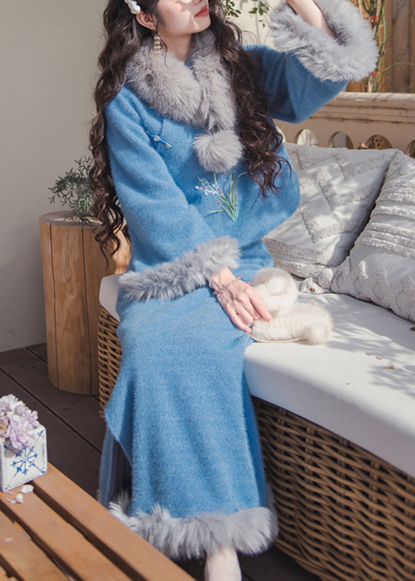 Women Blue Fur Collar Tops And Skirts Cotton Filled Two Pieces Set Winter RH030