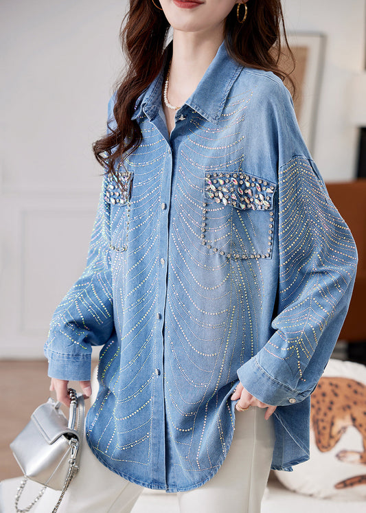 Spring Button Denim Women Zircon Nail Bead Blue Shirts
