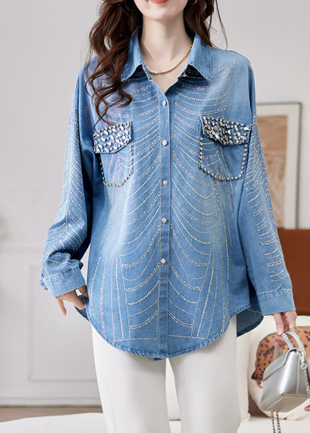Spring Button Denim Women Zircon Nail Bead Blue Shirts