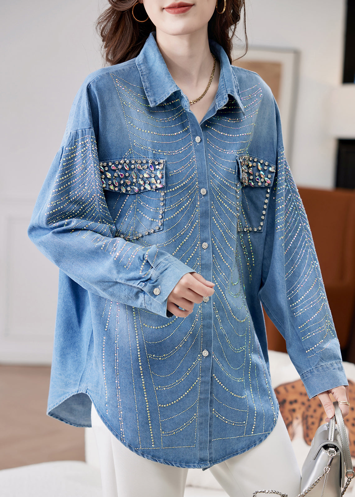 Spring Button Denim Women Zircon Nail Bead Blue Shirts