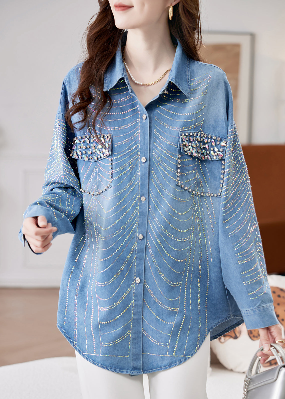 Spring Button Denim Women Zircon Nail Bead Blue Shirts