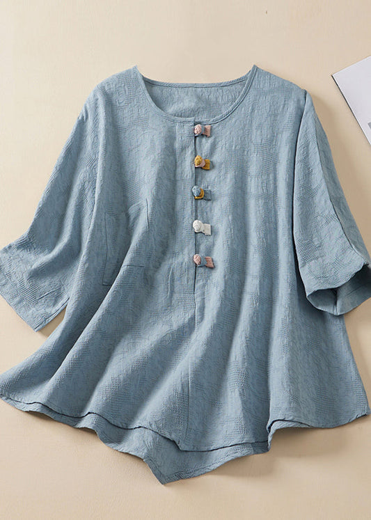 Women Blue O Neck Chinese Button Jacquard Linen Shirt Summer AM1041