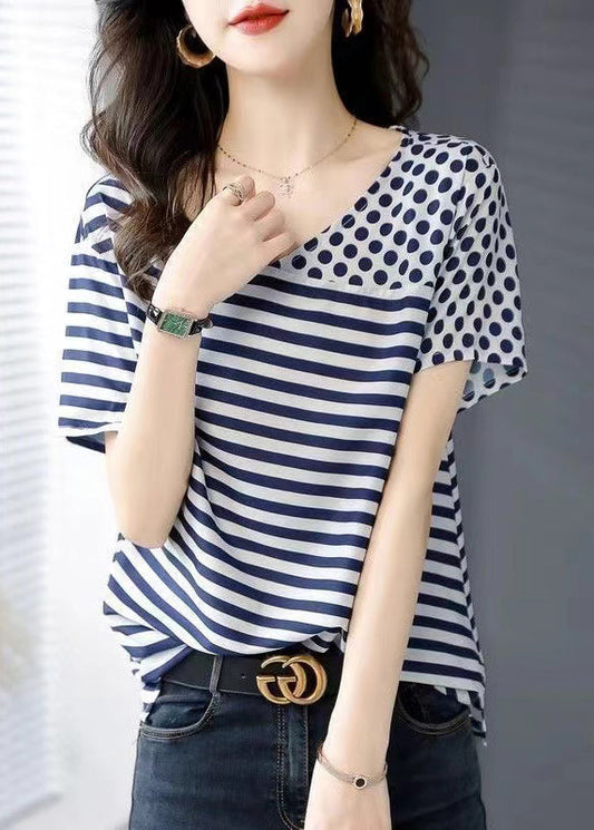 Women Blue O Neck Striped Dot Patchwork Silk Top Summer BV076