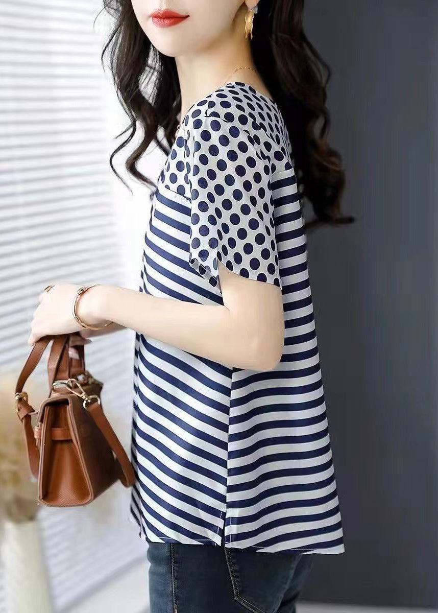 Women Blue O Neck Striped Dot Patchwork Silk Top Summer BV076