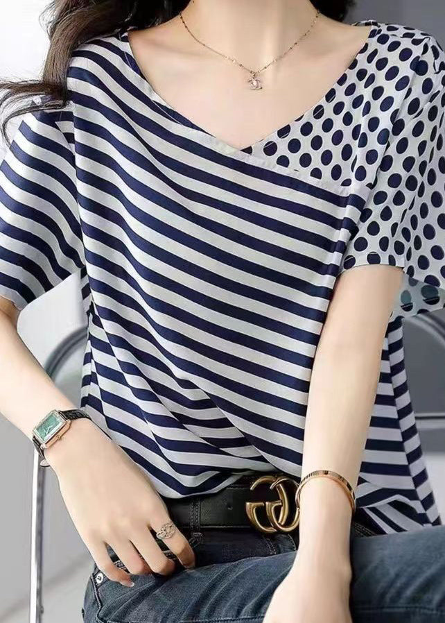 Women Blue O Neck Striped Dot Patchwork Silk Top Summer BV076