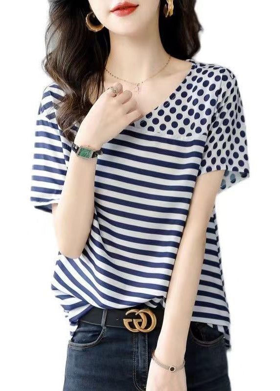 Women Blue O Neck Striped Dot Patchwork Silk Top Summer BV076