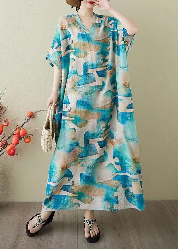 Print Women Summer Cotton Party Oversized Dress Blue