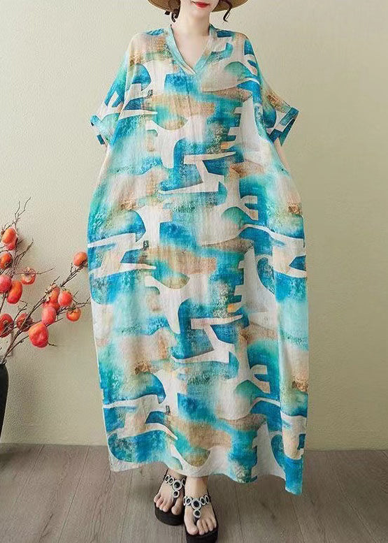 Print Women Summer Cotton Party Oversized Dress Blue