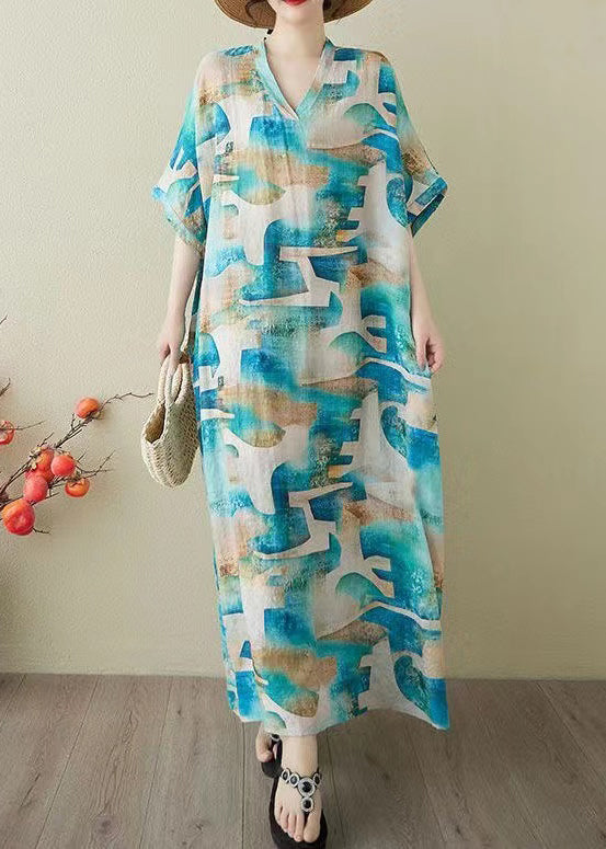 Print Women Summer Cotton Party Oversized Dress Blue