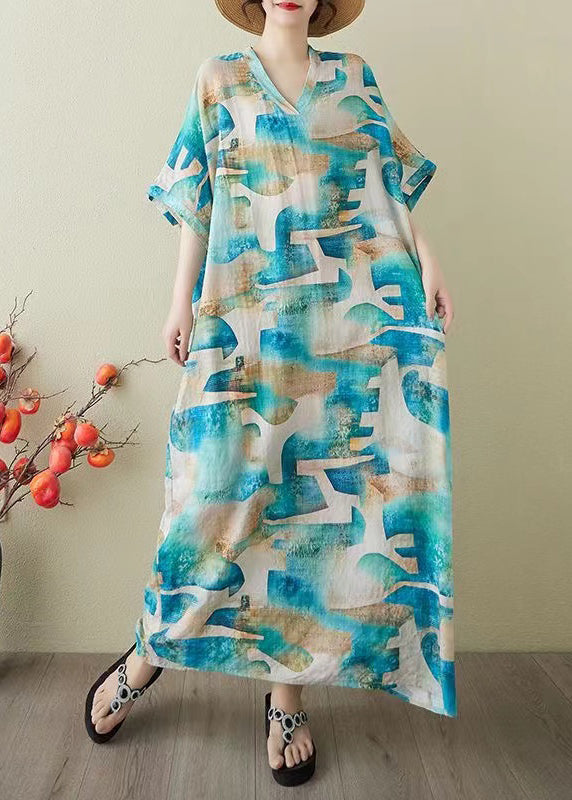 Print Women Summer Cotton Party Oversized Dress Blue