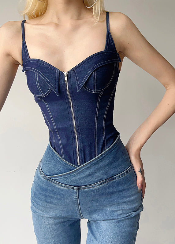 Blue Denim Cami Zippered Patchwork Bodysuit Women
