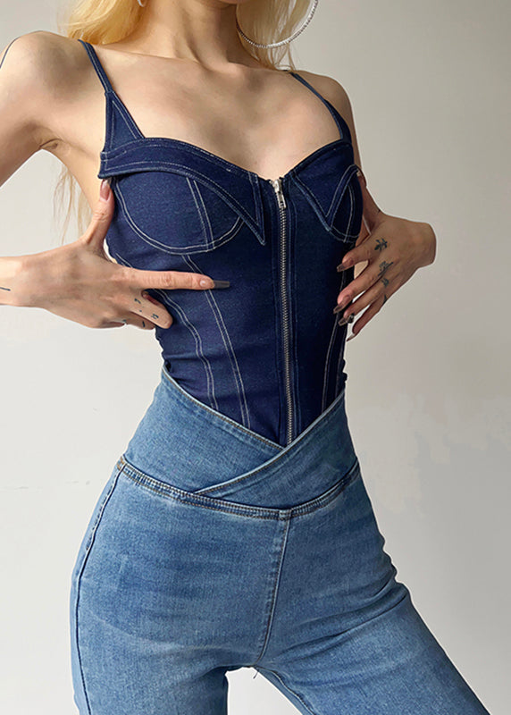 Blue Denim Cami Zippered Patchwork Bodysuit Women