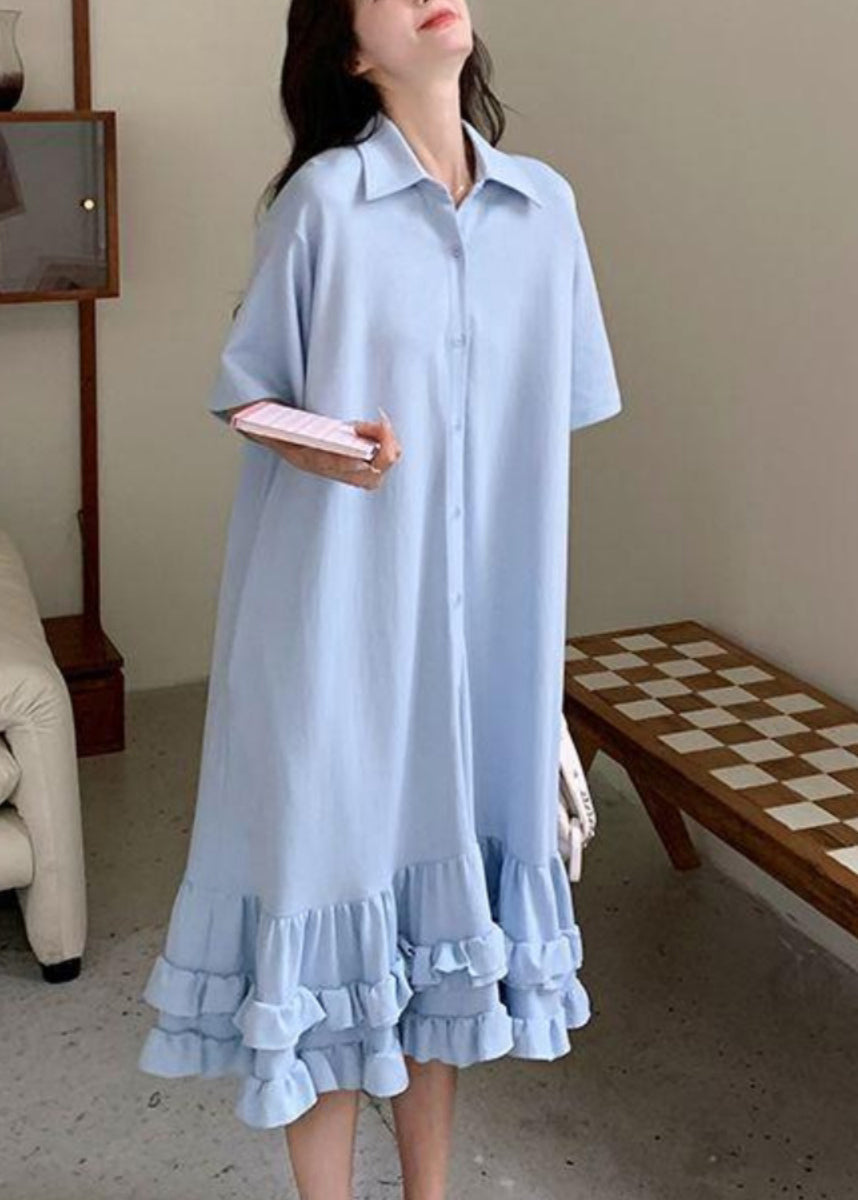 Blue Peter Dress Women Pan Maxi Collar Short Patchwork Ruffled