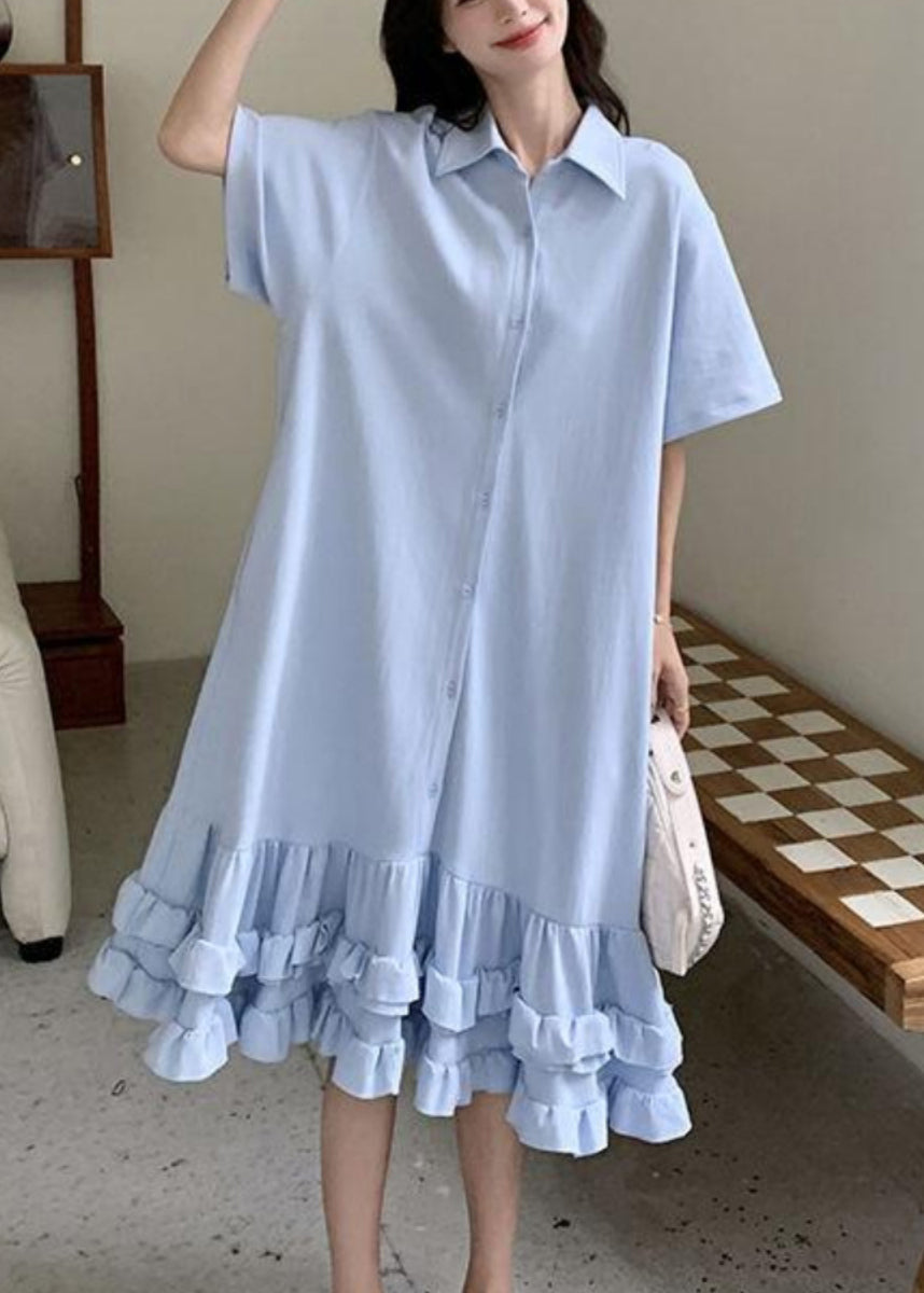 Blue Peter Dress Women Pan Maxi Collar Short Patchwork Ruffled