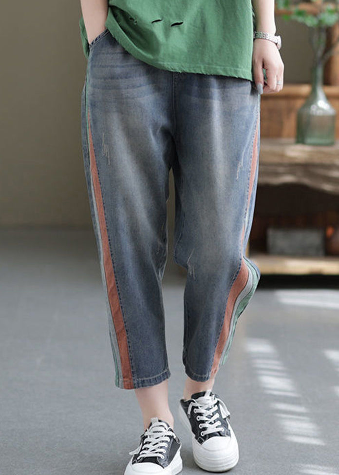 Women Blue Pockets Elastic Waist Denim Crop Pants Summer BV081