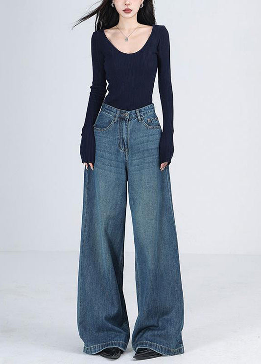 Women Blue Pockets High Waist Denim Wide Leg Pants Winter RS041