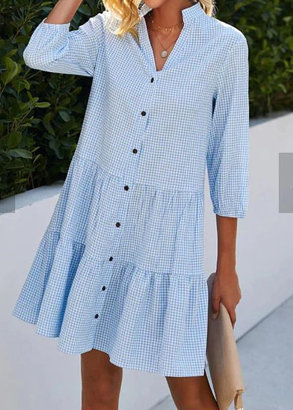 Women Dress Button Mid Shirts Blue Plaid Stand Collar Fall