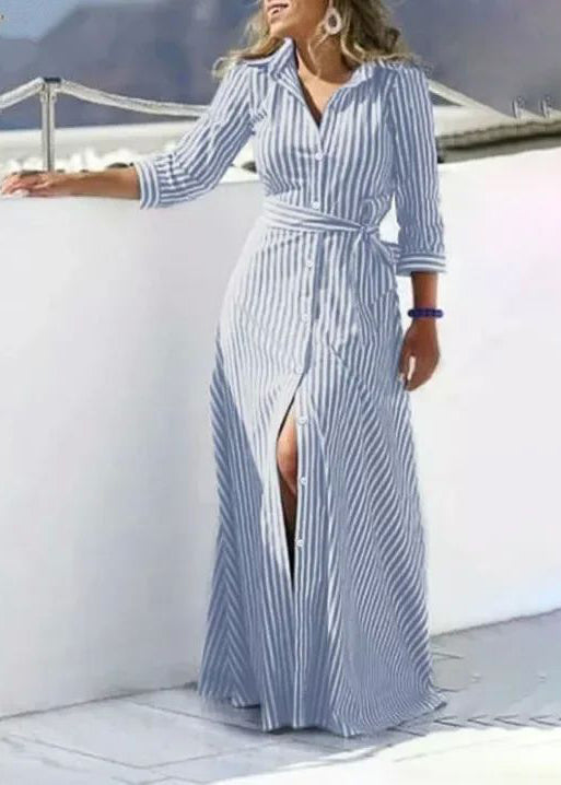 Striped Cotton Summer Women Tie Dress Blue Waist Shirt