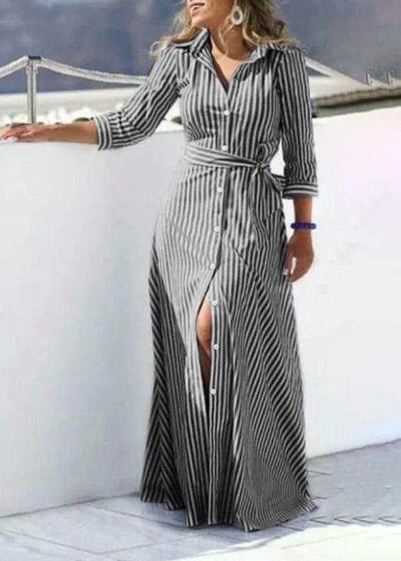 Striped Cotton Summer Women Tie Dress Blue Waist Shirt