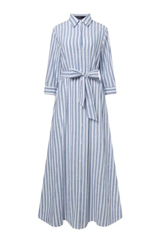 Striped Cotton Summer Women Tie Dress Blue Waist Shirt