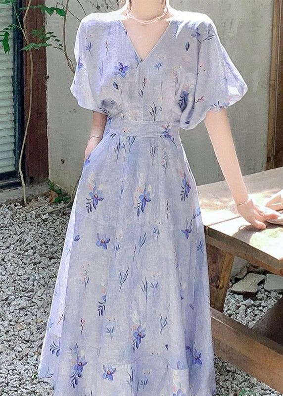 Frauen Blau V-Ausschnitt Print Baumwolle Langes Kleid Sommer KJ006