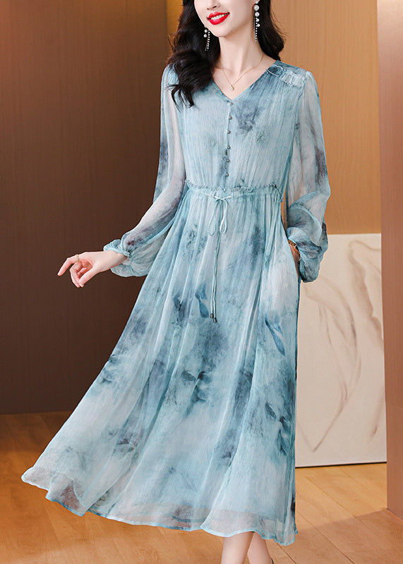 Women Blue V Neck Print Drawstring Silk Dress Lantern Sleeve BB022