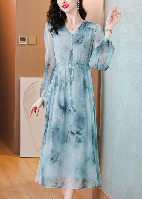 Women Blue V Neck Print Drawstring Silk Dress Lantern Sleeve BB022