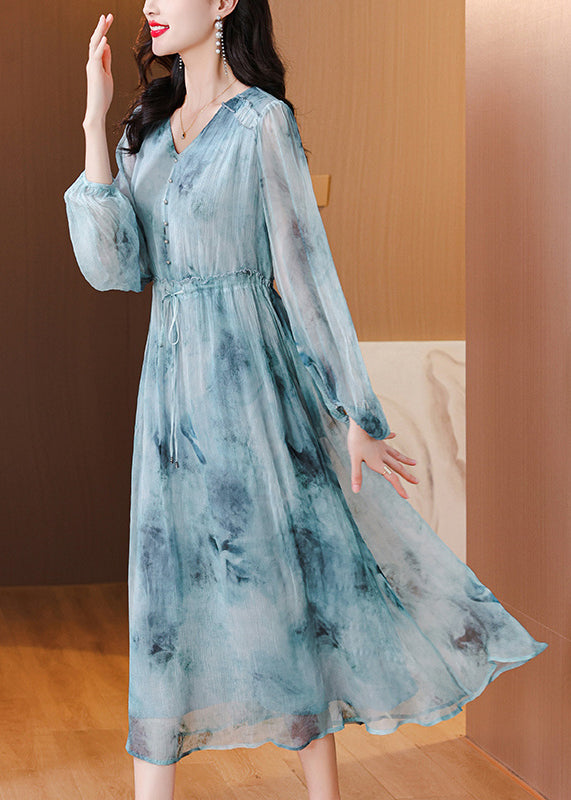 Women Blue V Neck Print Drawstring Silk Dress Lantern Sleeve BB022