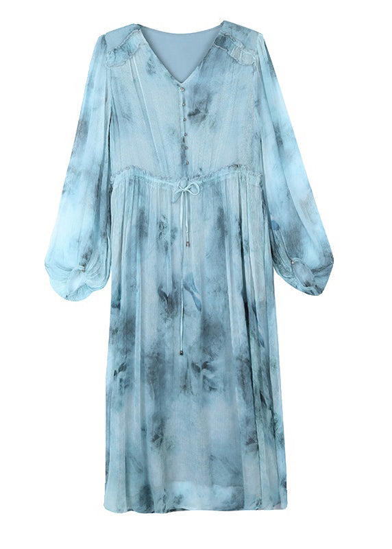 Women Blue V Neck Print Drawstring Silk Dress Lantern Sleeve BB022