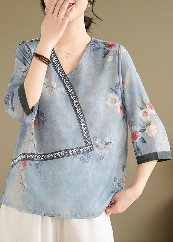 Women Blue V Neck Print Patchwork Cotton Tops Summer AP091