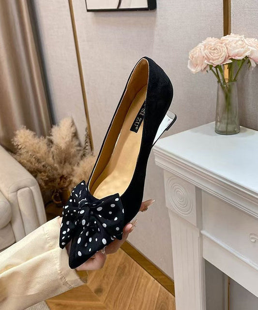 Pointed Splicing Shoes Toe Black Bow Women Suede Wedge