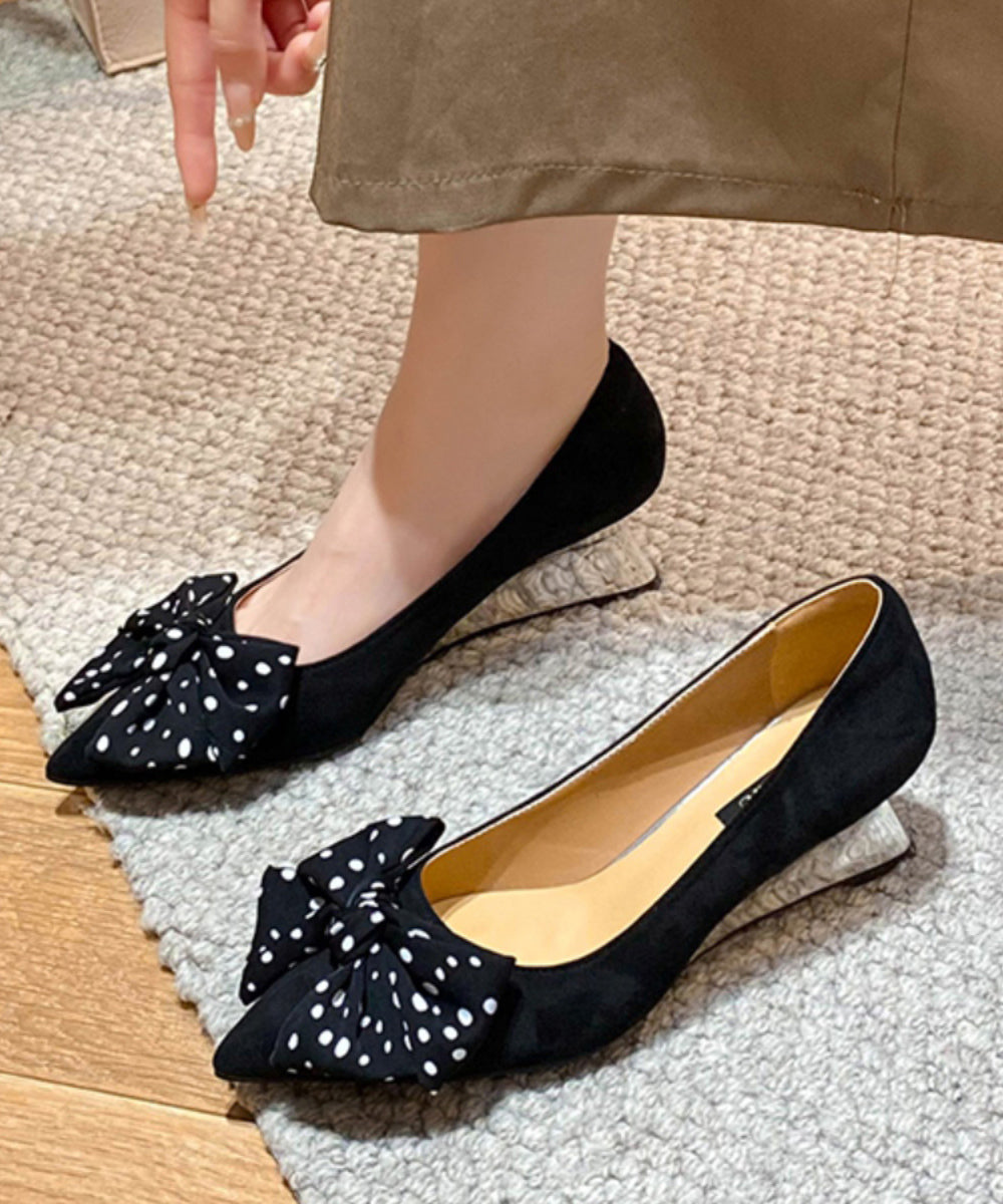 Pointed Splicing Shoes Toe Black Bow Women Suede Wedge